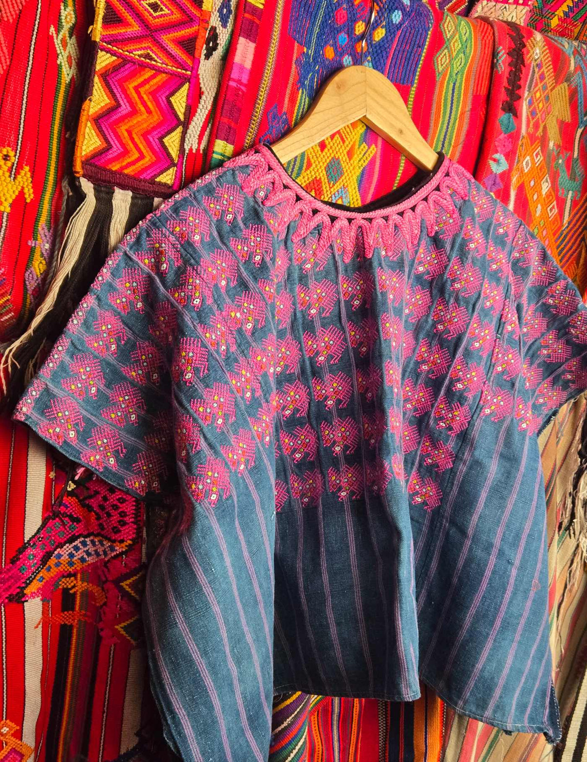 Indigo with Pink Eagles Nahualá Huipil #10-37