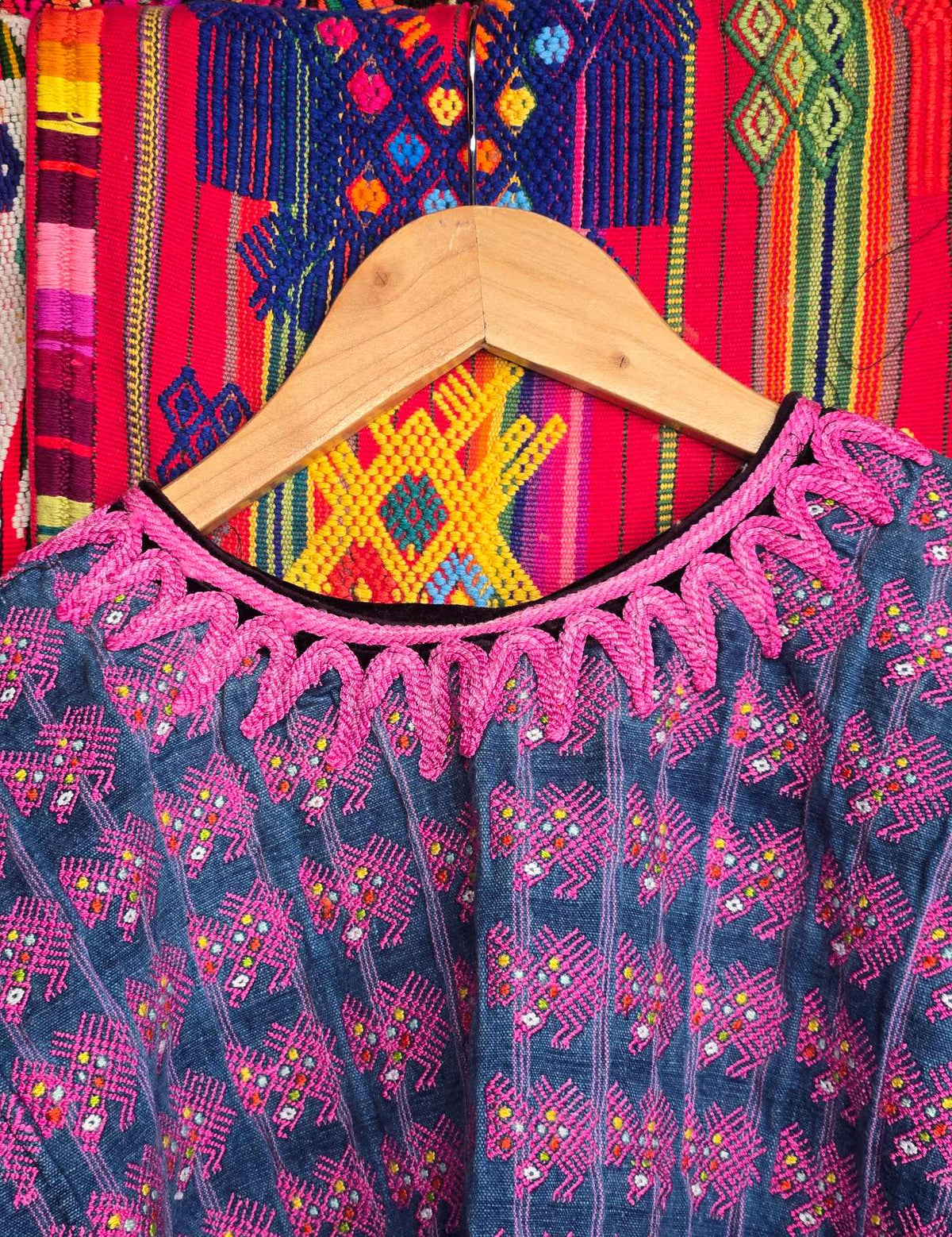 Indigo with Pink Eagles Nahualá Huipil #10-37