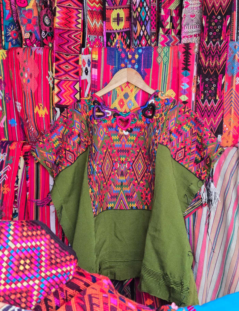 Pink and Olive Green Chichicastenango Huipil #10-38