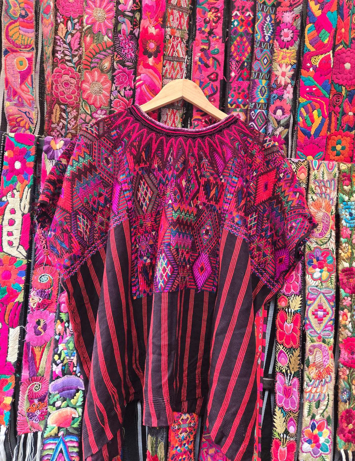 Silk Embroidery on Stripes Chichicastenango Huipil #10-64