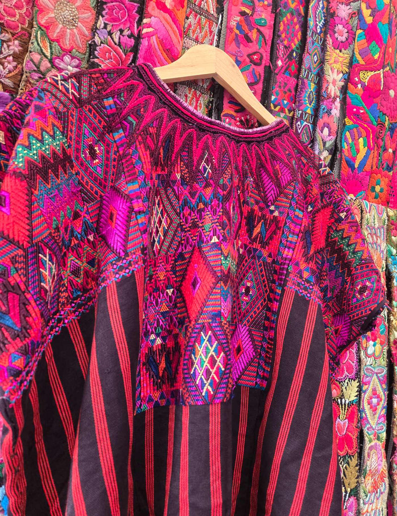 Silk Embroidery on Stripes Chichicastenango Huipil #10-64