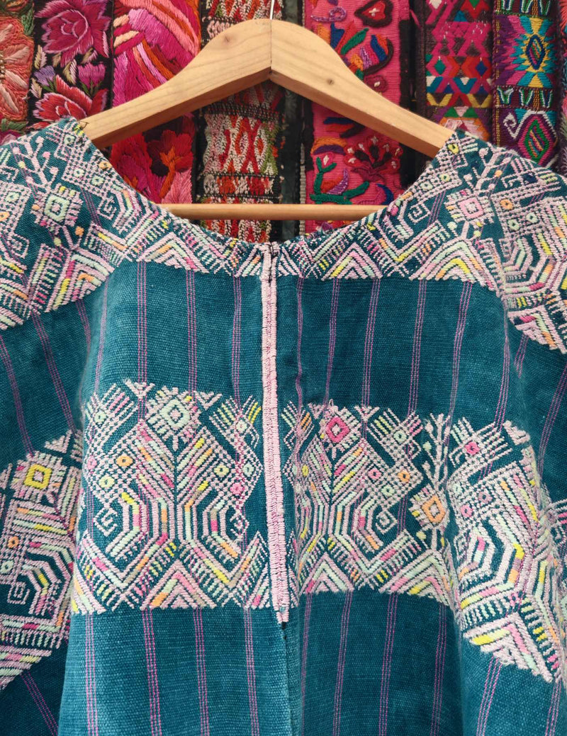 Inidigo with Pink Peacocks Nahualá Huipil #10-95