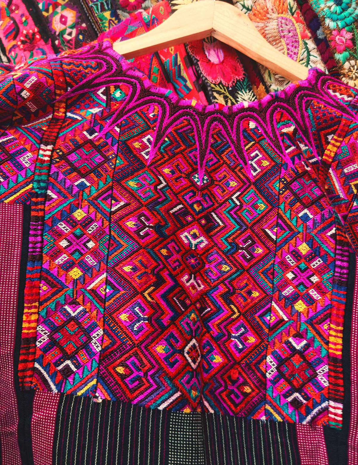 Pink Geometrics on Black Stripes Chichicastenango Huipil #10-110