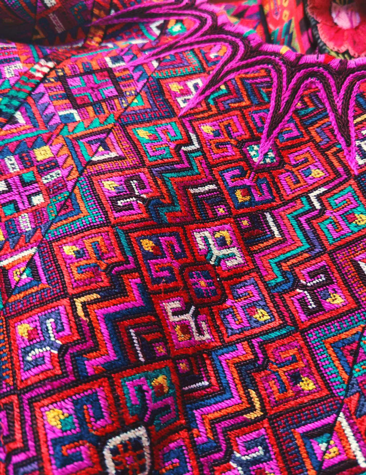 Pink Geometrics on Black Stripes Chichicastenango Huipil #10-110