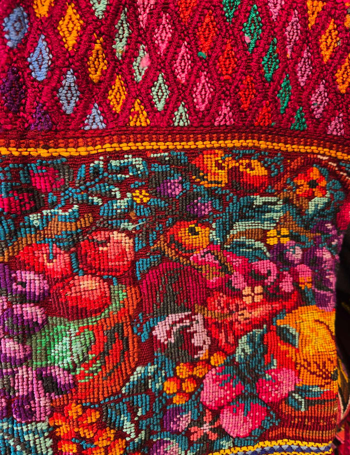 Red with Fruit and Geometrics Comalapa Huipil #10-217