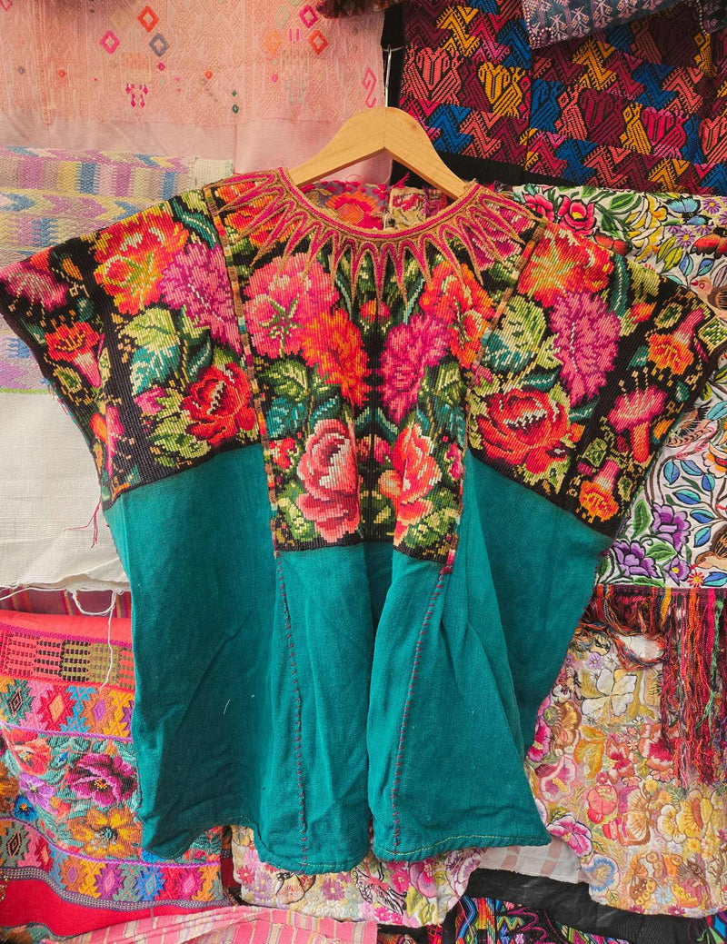 Teal Green Floral Chichicastenango Huipil #10-234