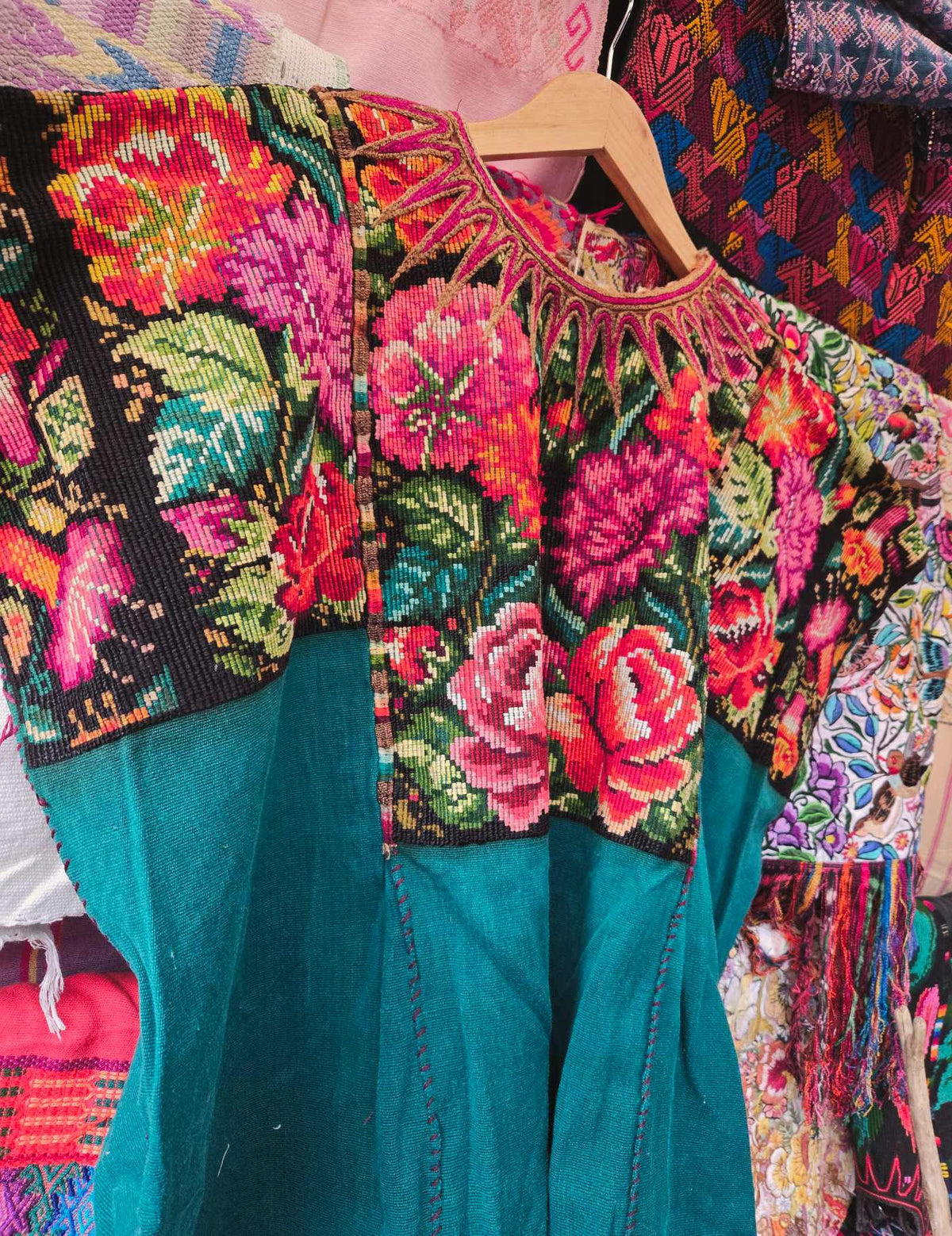 Teal Green Floral Chichicastenango Huipil #10-234