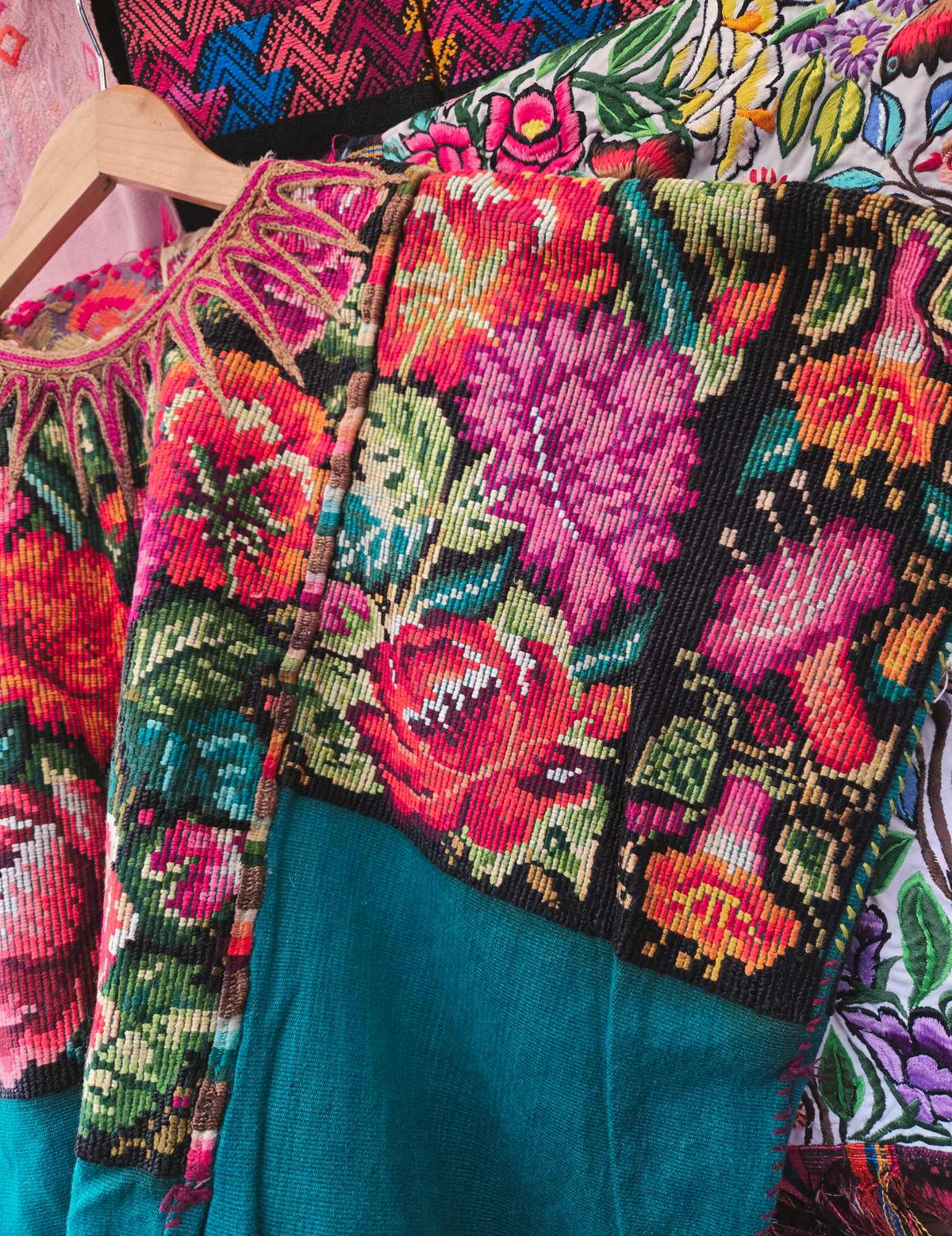 Teal Green Floral Chichicastenango Huipil #10-234