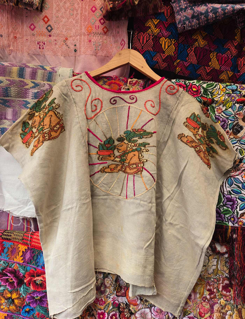 Beige with Jum Kaax God, 50 years old Chichicastenango Huipil #10-282