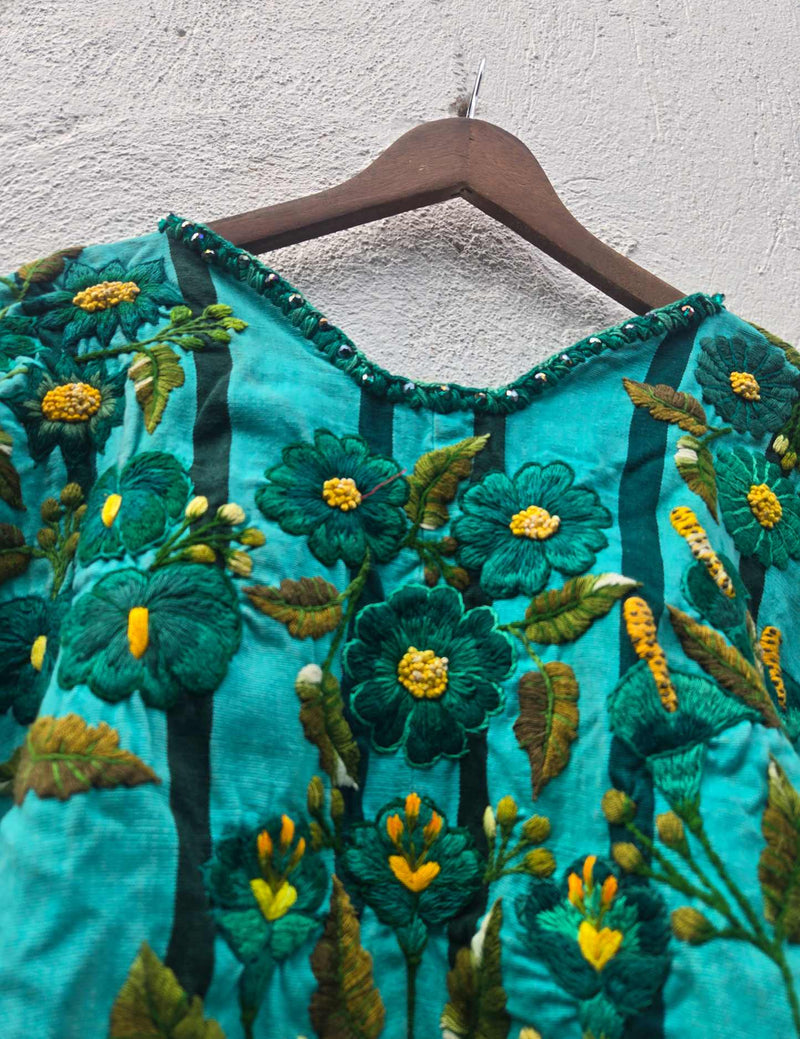 Green Floral Embroidery Santiago Huipil #10-315