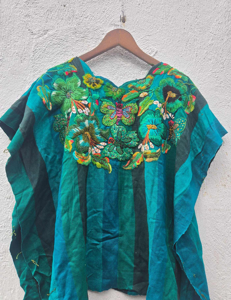 Green and Blue with butterfly embroidery Santiago Huipil #10-316