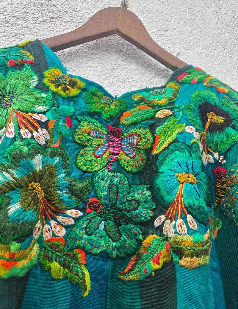 Green and Blue with butterfly embroidery Santiago Huipil #10-316