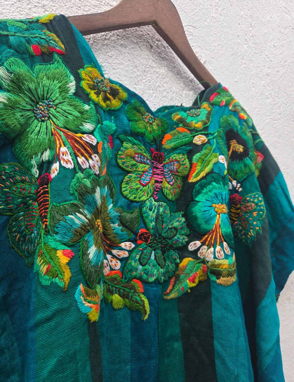 Green and Blue with butterfly embroidery Santiago Huipil #10-316