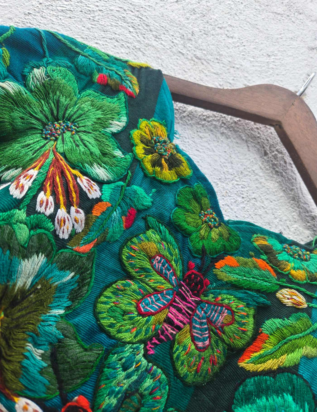 Green and Blue with butterfly embroidery Santiago Huipil #10-316