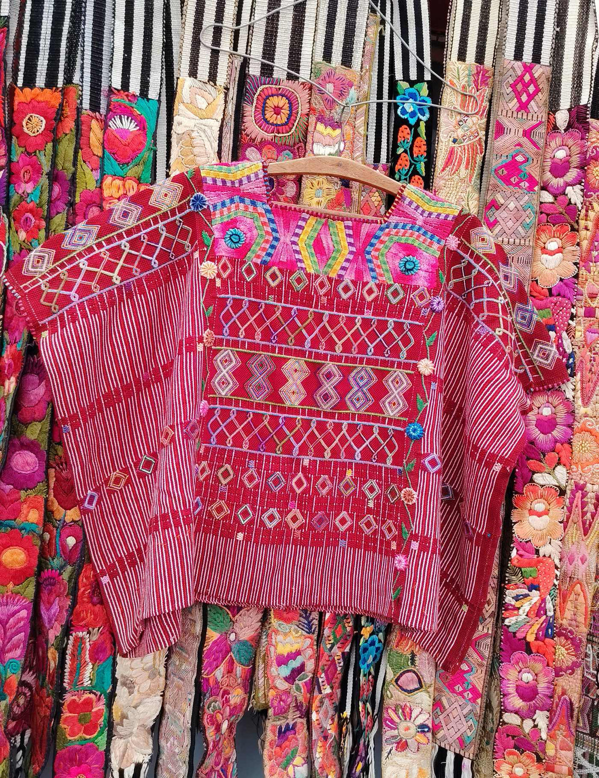 Burgundy with Pink Neckline Colotenango Huipil #10-374