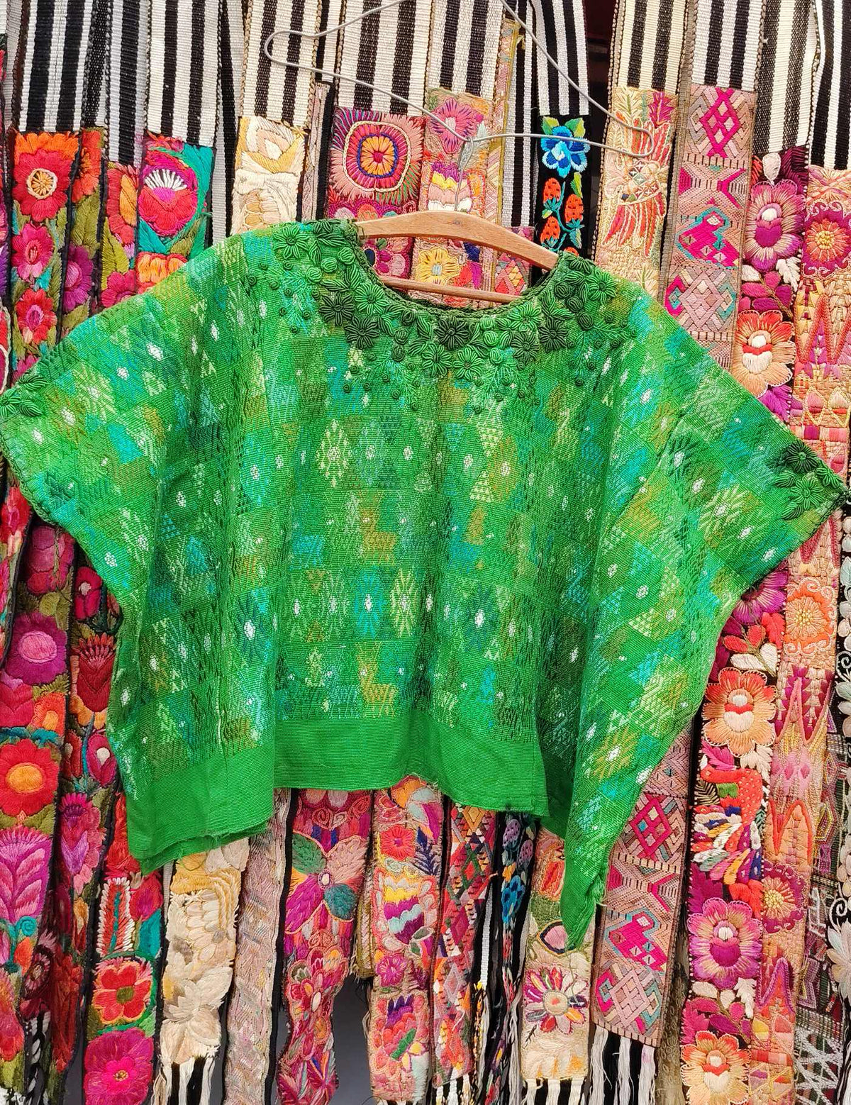 Green with rococo neck Cobán Huipil #10-390
