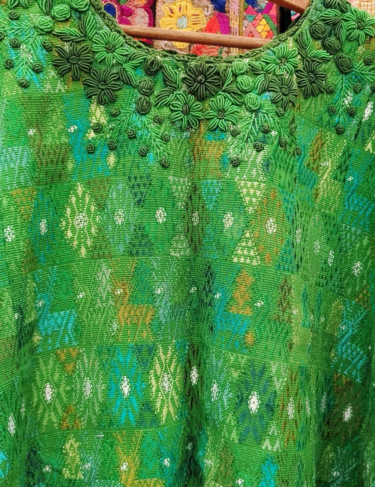 Green with rococo neck Cobán Huipil #10-390