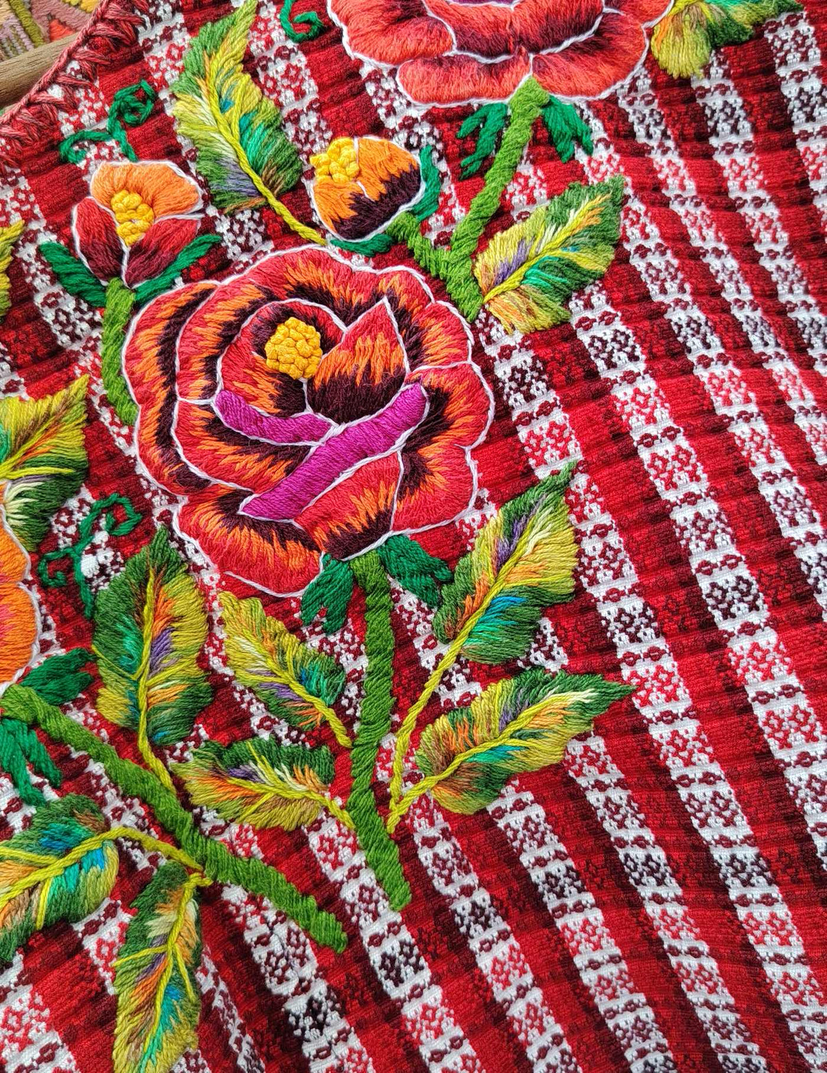 Red Gingham with Roses Santiago Huipil #10-397