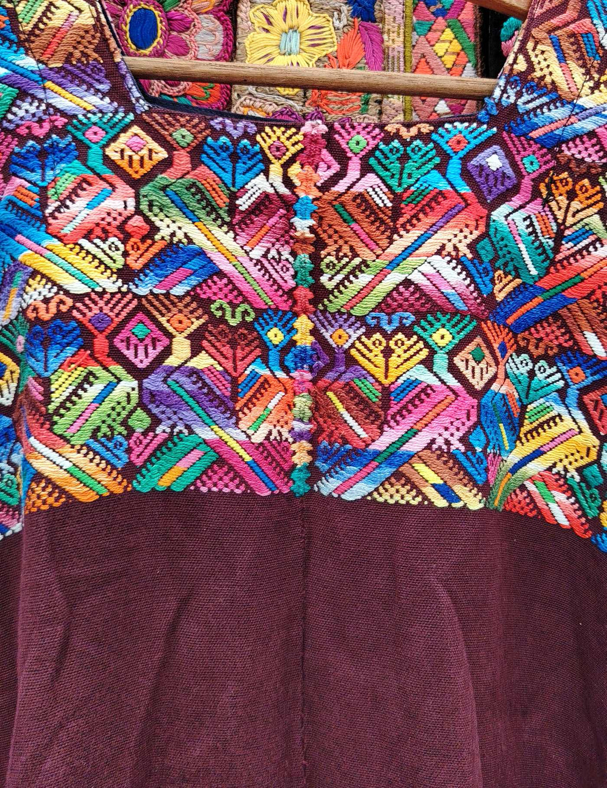 Burgundy with peacocks Nahualá Huipil #10-407