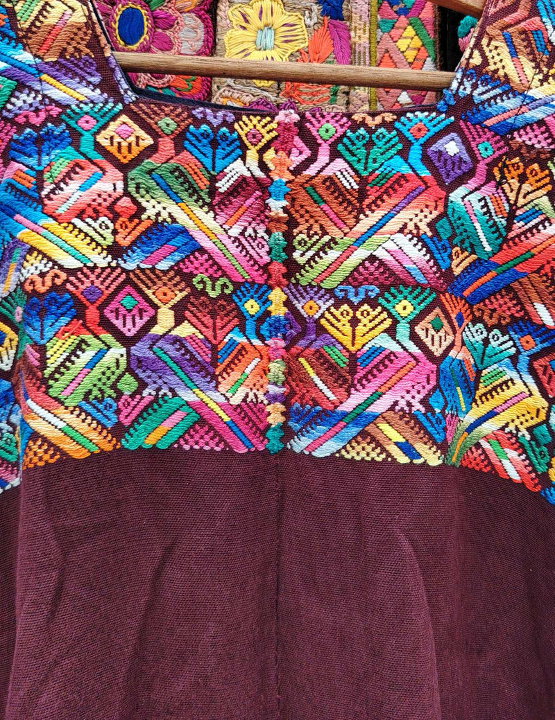 Burgundy with peacocks Nahualá Huipil #10-407