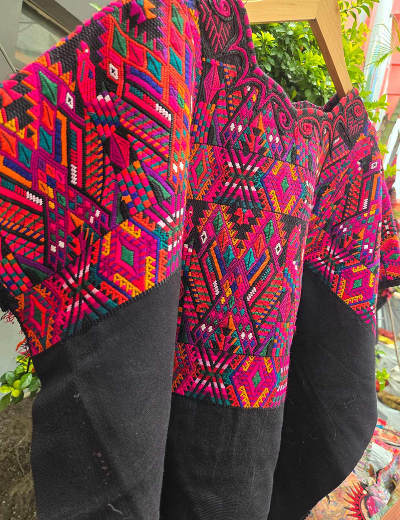 Pink and Purple on Black Chichicastenango Huipil #10-417