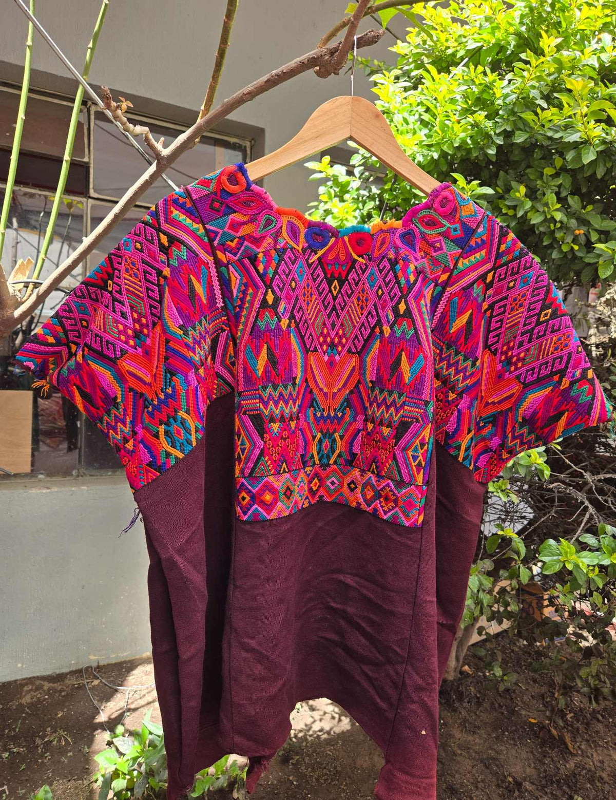 Pink and Orange on Brown Chichicastenango Huipil #10-424