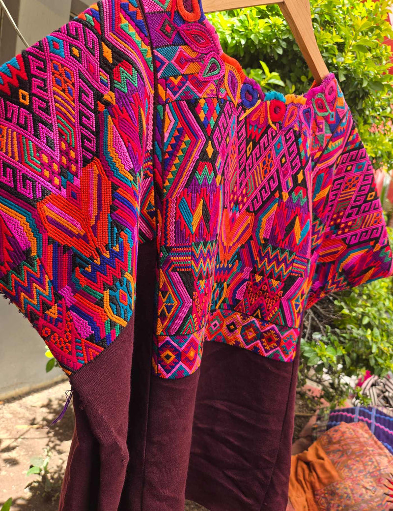 Pink and Orange on Brown Chichicastenango Huipil #10-424