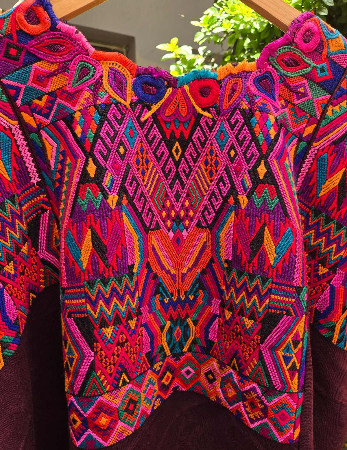 Pink and Orange on Brown Chichicastenango Huipil #10-424