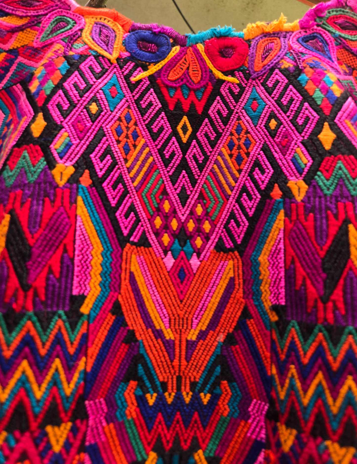 Pink and Orange on Brown Chichicastenango Huipil #10-424