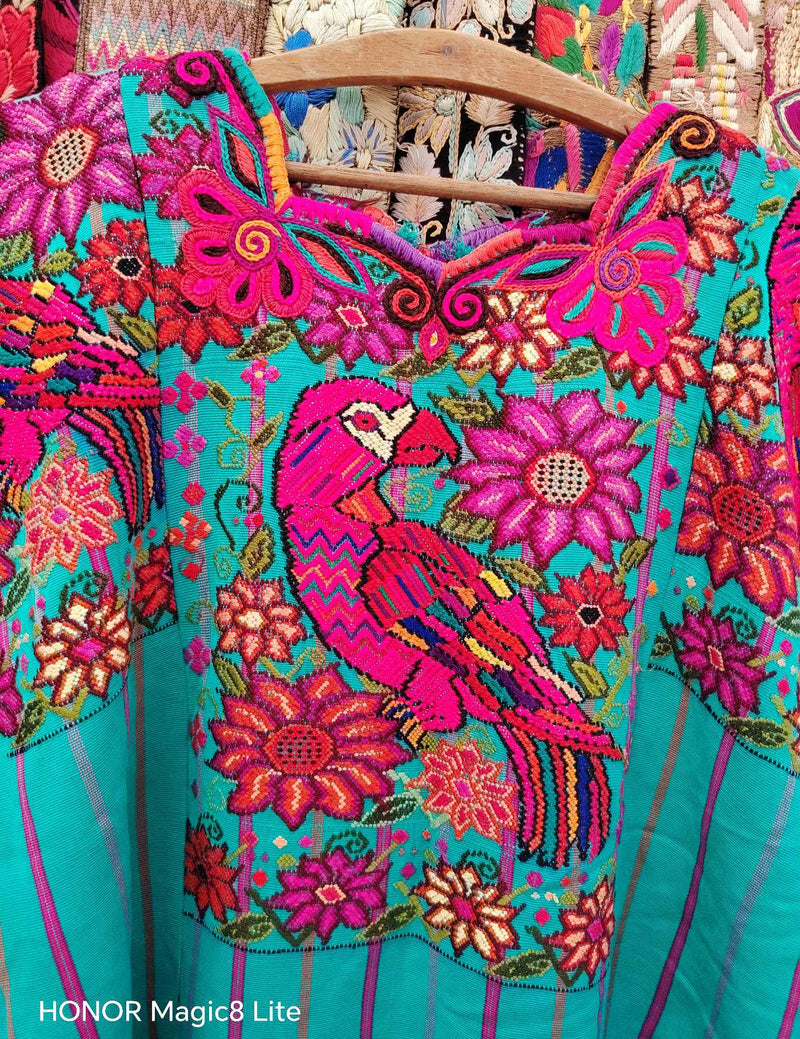 Green with Pink Parrots Chichicastenango Huipil #10-441