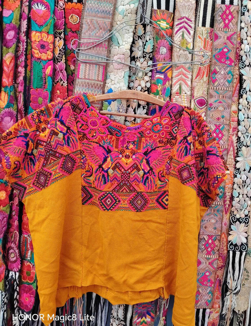Mustard with Pink Hummingbirds Chichicastenango Huipil #10-442
