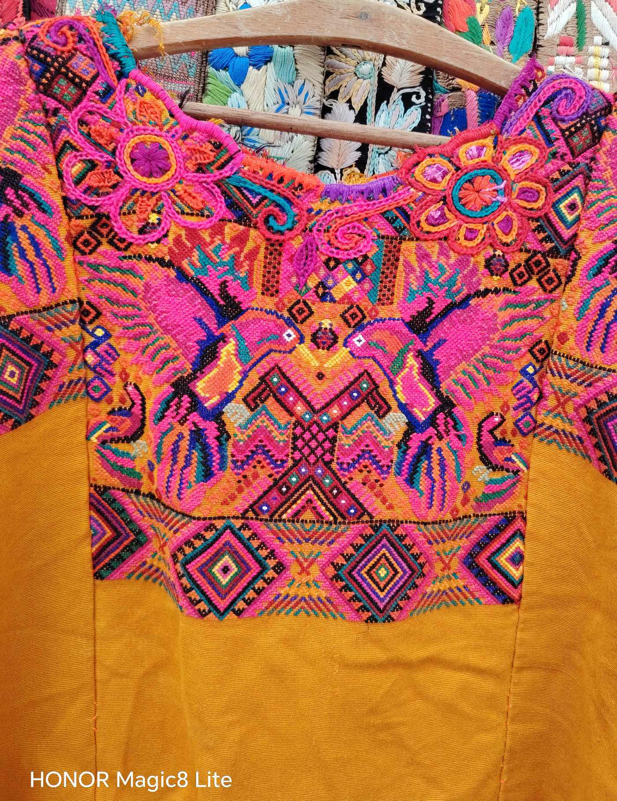 Mustard with Pink Hummingbirds Chichicastenango Huipil #10-442
