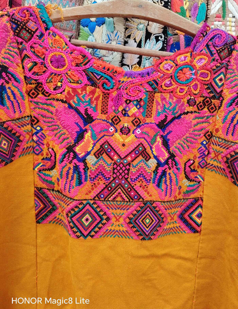 Mustard with Pink Hummingbirds Chichicastenango Huipil #10-442