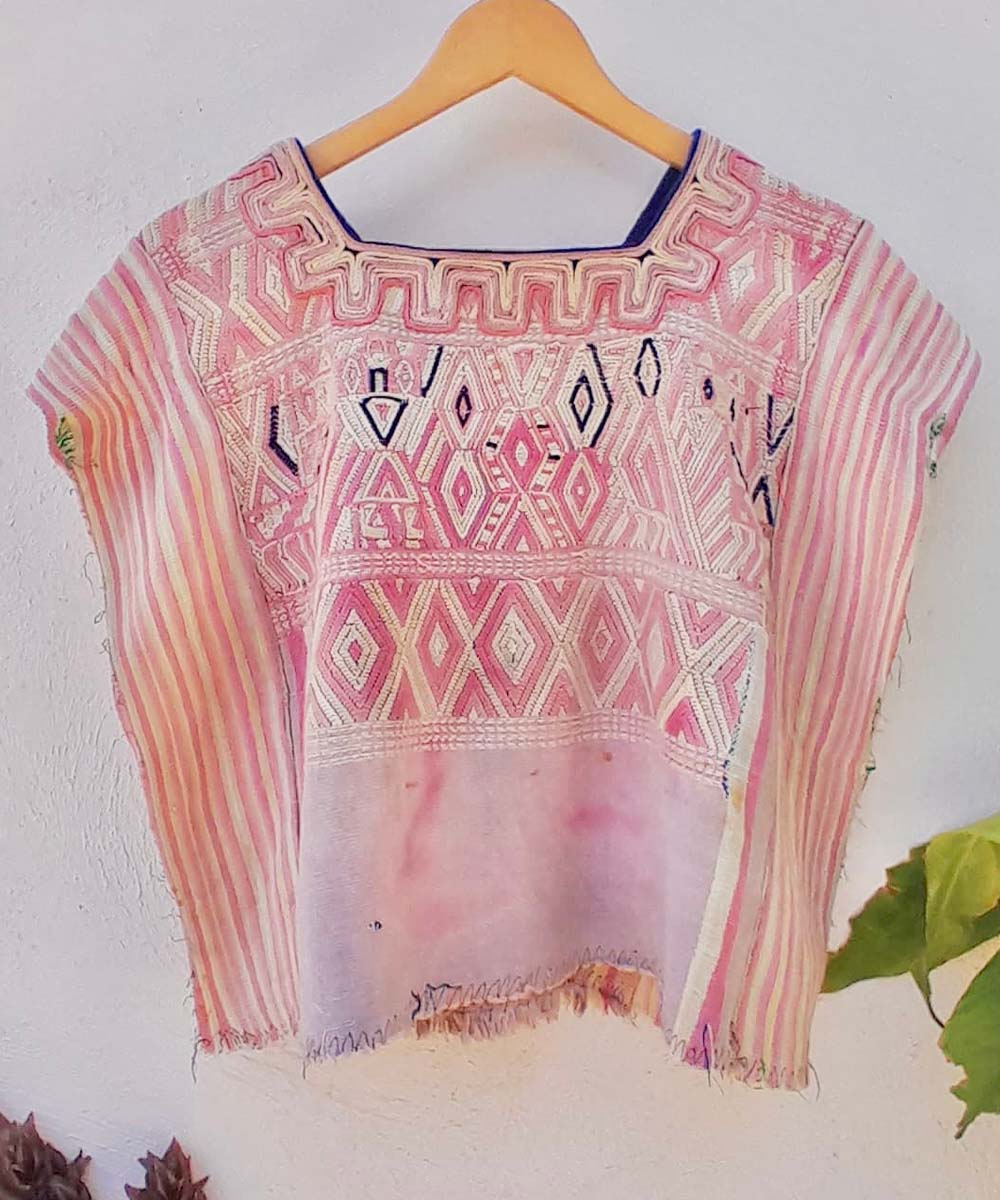 Guatemalan huipil from Nebaj in soft pink with striped sides