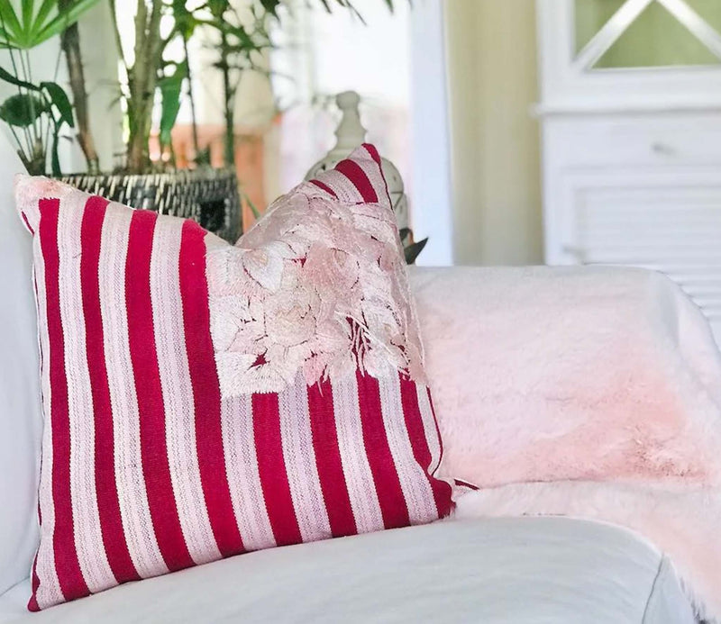 Guatemalan Huipil Pillow, vintage, hand woven red and pink striped floral throw cushion from Patzun