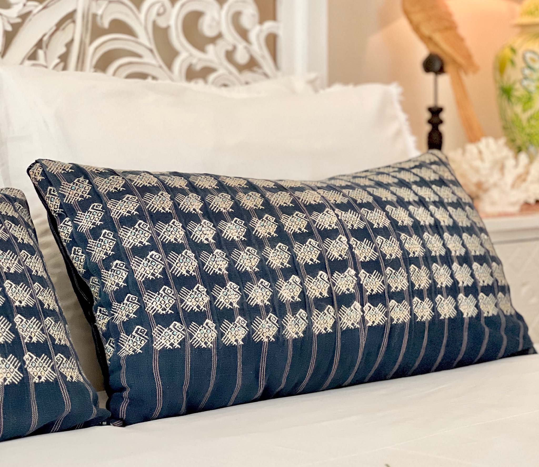 Indigo Nahuala Pillow with peacocks