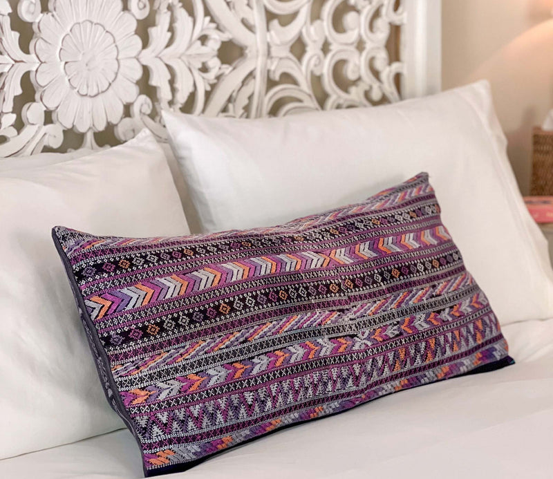 Embroidered Guatemalan huipil textile repurposed into a pillow