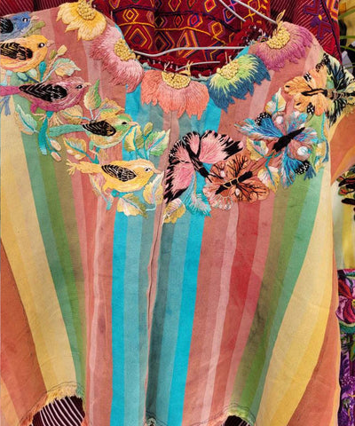 Rainbow striped Santiago huipil with birds
