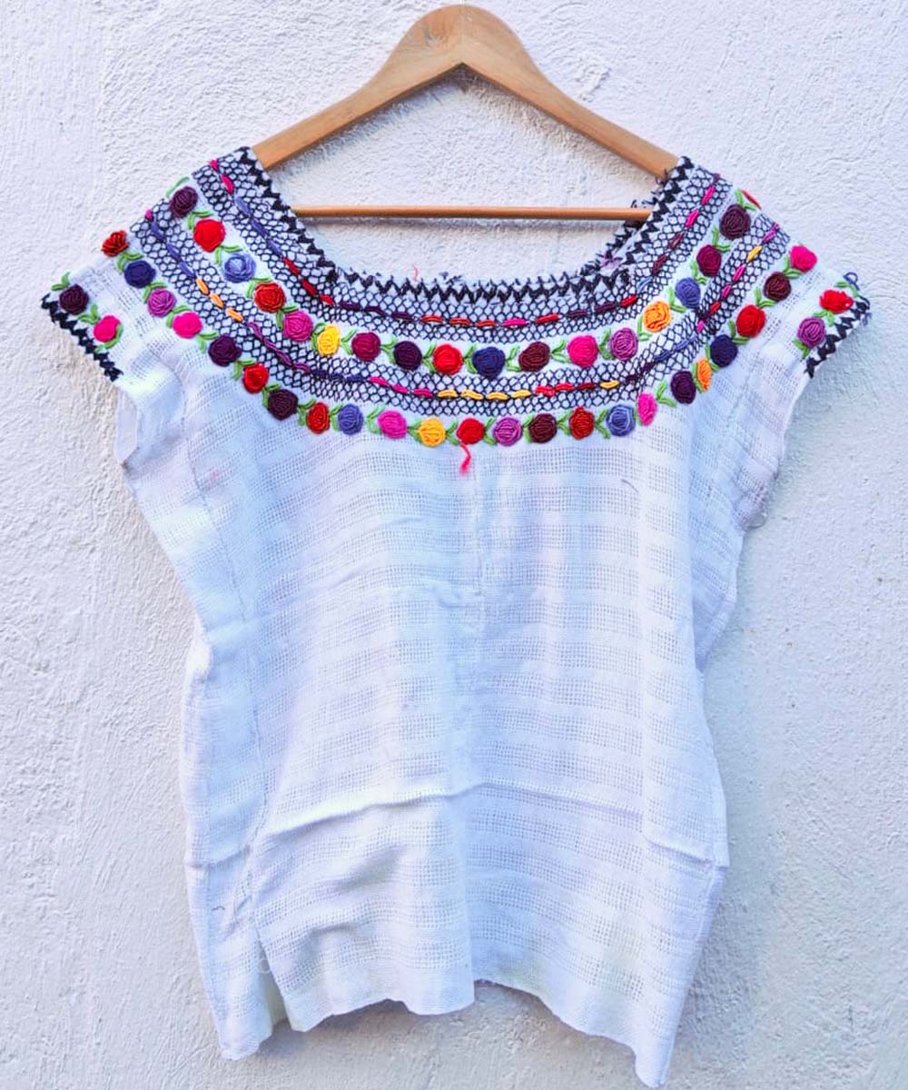 Sheer white huipil with colorful neckline