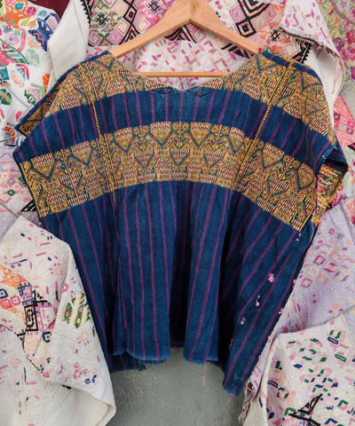 Brown and indigo Xejuyub huipil