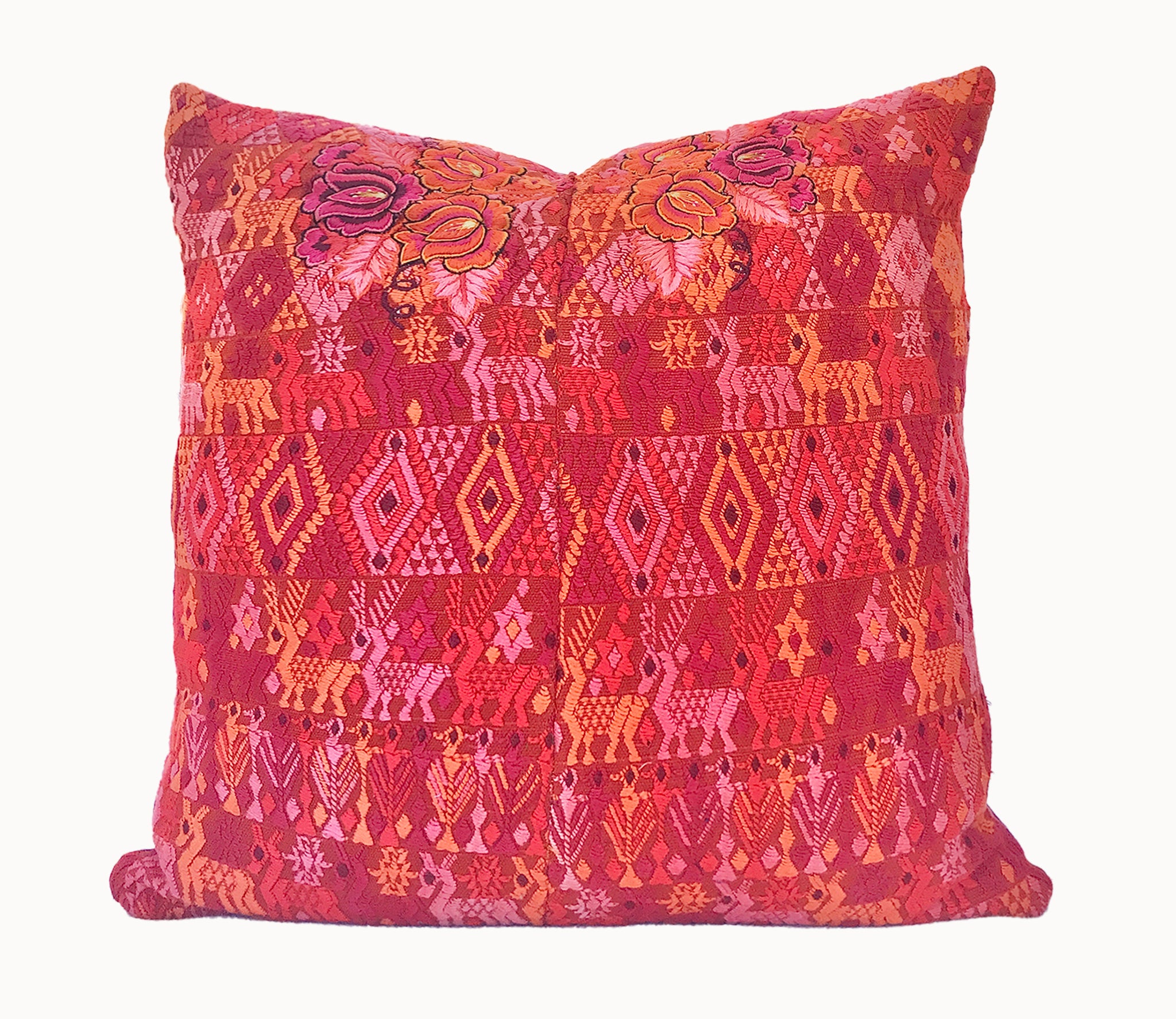 Vintage textile cushions made from a Guatemalan huipil and corte.