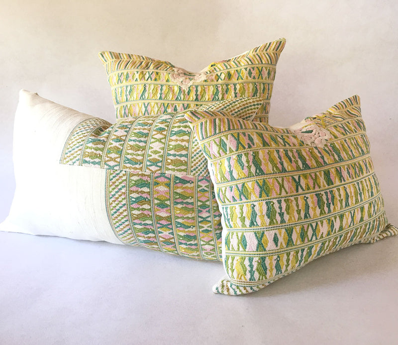 Guatemalan Huipil Pillow, vintage, hand woven green, pink and white lumbar cushion from San Juan Cotzal