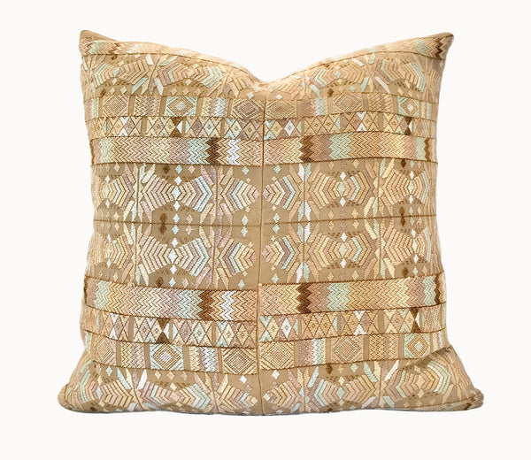 Vintage textile pillows made from a Guatemalan huipil and corte.