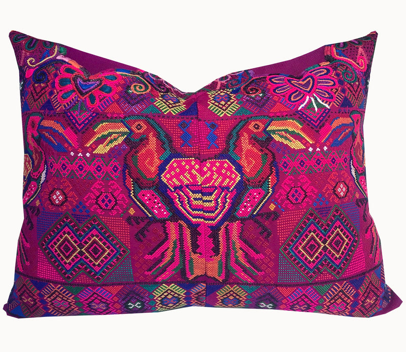 Guatemalan Huipil Textile Pillow, vintage, hand embroidered colourful toucan birds on bright pink fuchsia geometric design  