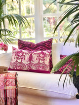 Guatemalan embroidered huipil pillow. Geometric chevron design in bold fuchsia 