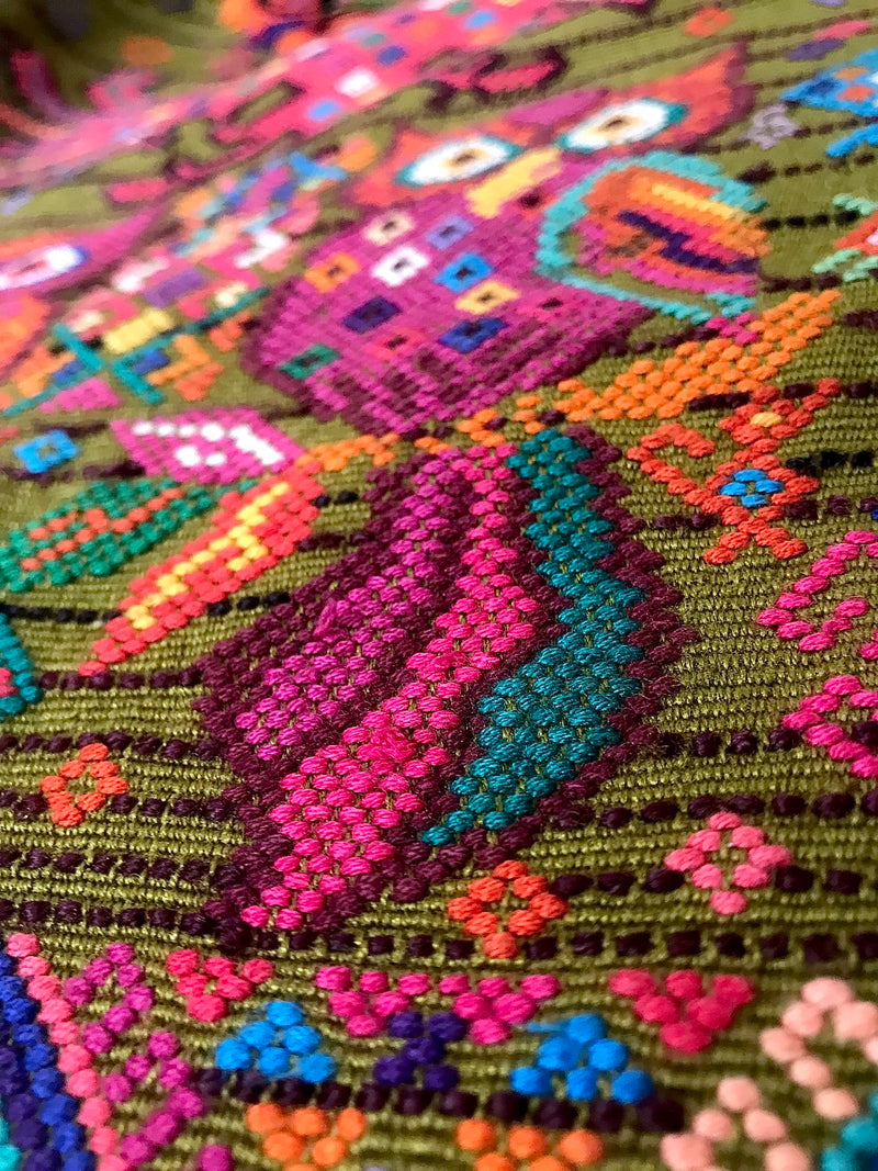 Guatemalan embroidered huipil pillow. Maximilist design of startled owls birds for bohemian decor. 