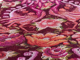 Guatemalan embroidered huipil pillow. Maximilist design of flowers and peacocks in rich burgundy red.