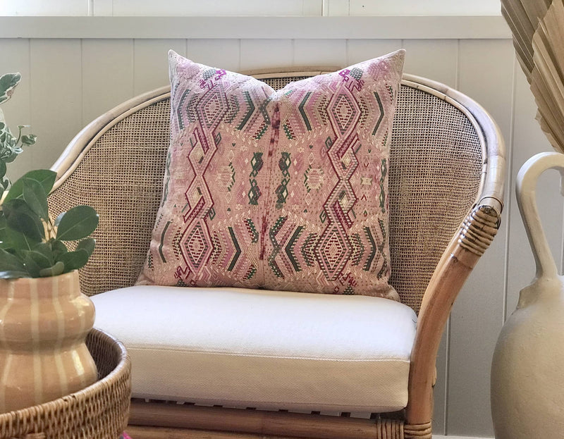 Guatemalan Huipil Pillow, vintage, hand embroidered stylised birds in pink and green in a shabby chic design