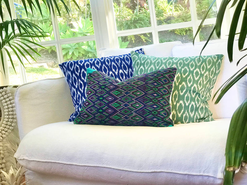 Guatemalan embroidered huipil pillow. Geometric pattern in bold tropical colours for bohemian decor