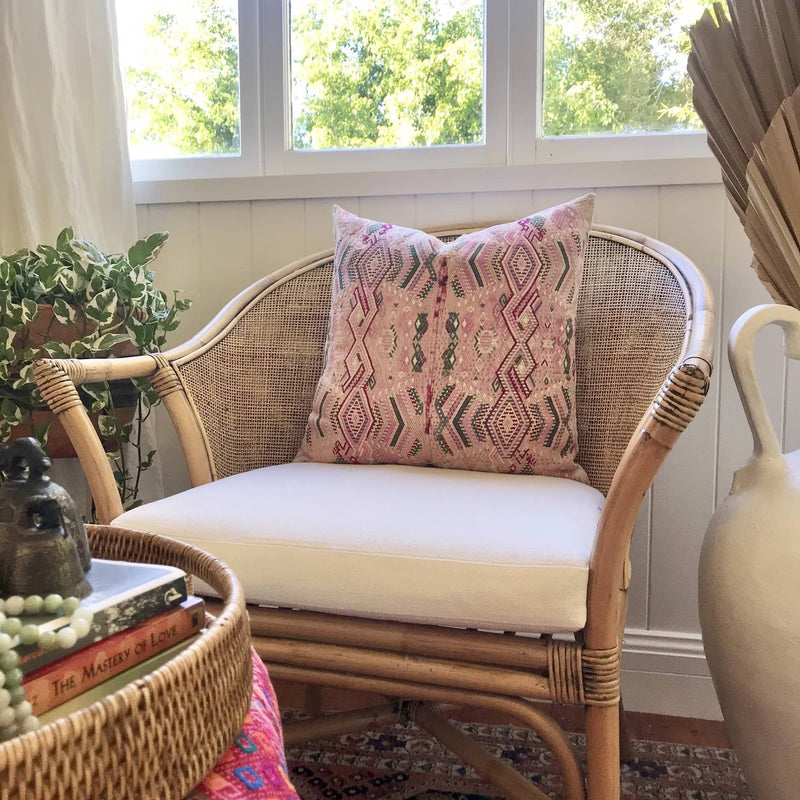 Guatemalan Huipil Pillow, vintage, hand embroidered stylised birds in pink and green in a shabby chic design
